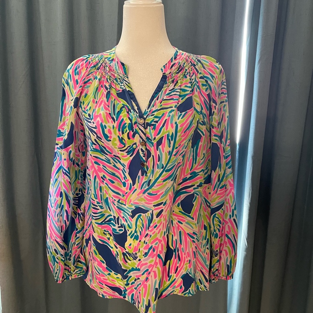Lily Pulitzer Elsa Vibrant Multi-Color Printed V-Neck Blouse